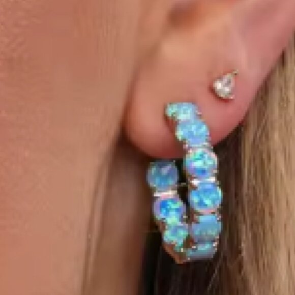 Beautiful Blue Opal Simulated 18k gold plated hoop pierced earrings - Picture 6 of 6